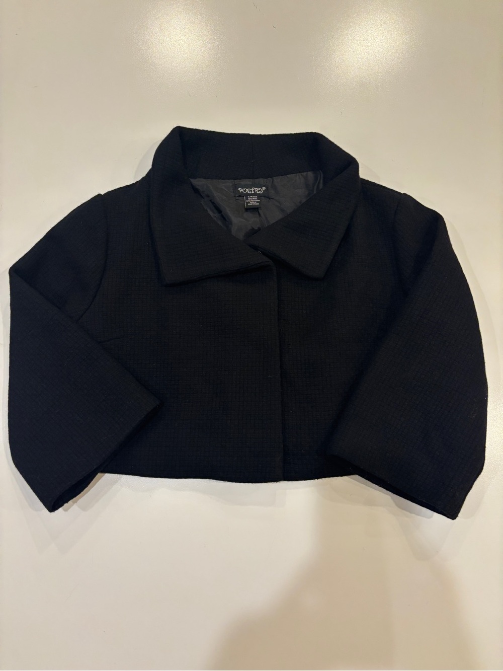 Women’s M Black Textured Wool Blend Cropped Jacket with 3/4 Sleeves Winter